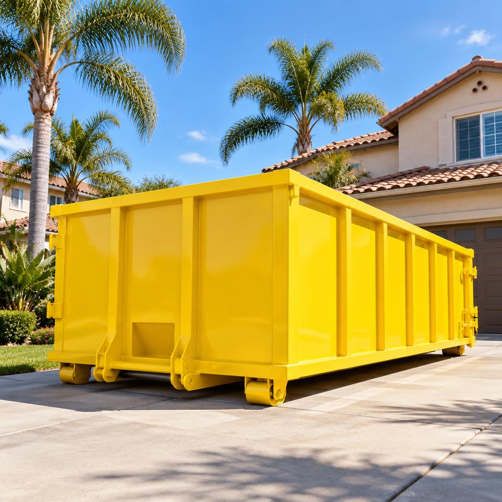 Bright yellow roll-off dumpster on a sunny Mission Viejo driveway